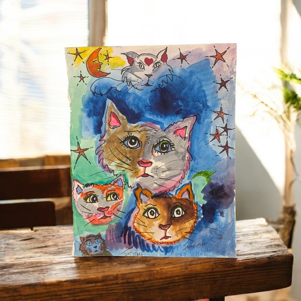 Cat Stars Watercolor Original Signed Painting